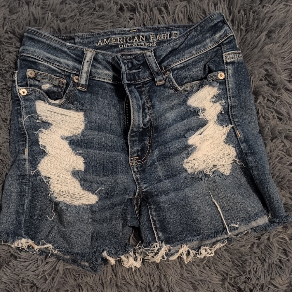 American Eagle Outfitters Women's Ripped Jean Shorts - Dark Blue